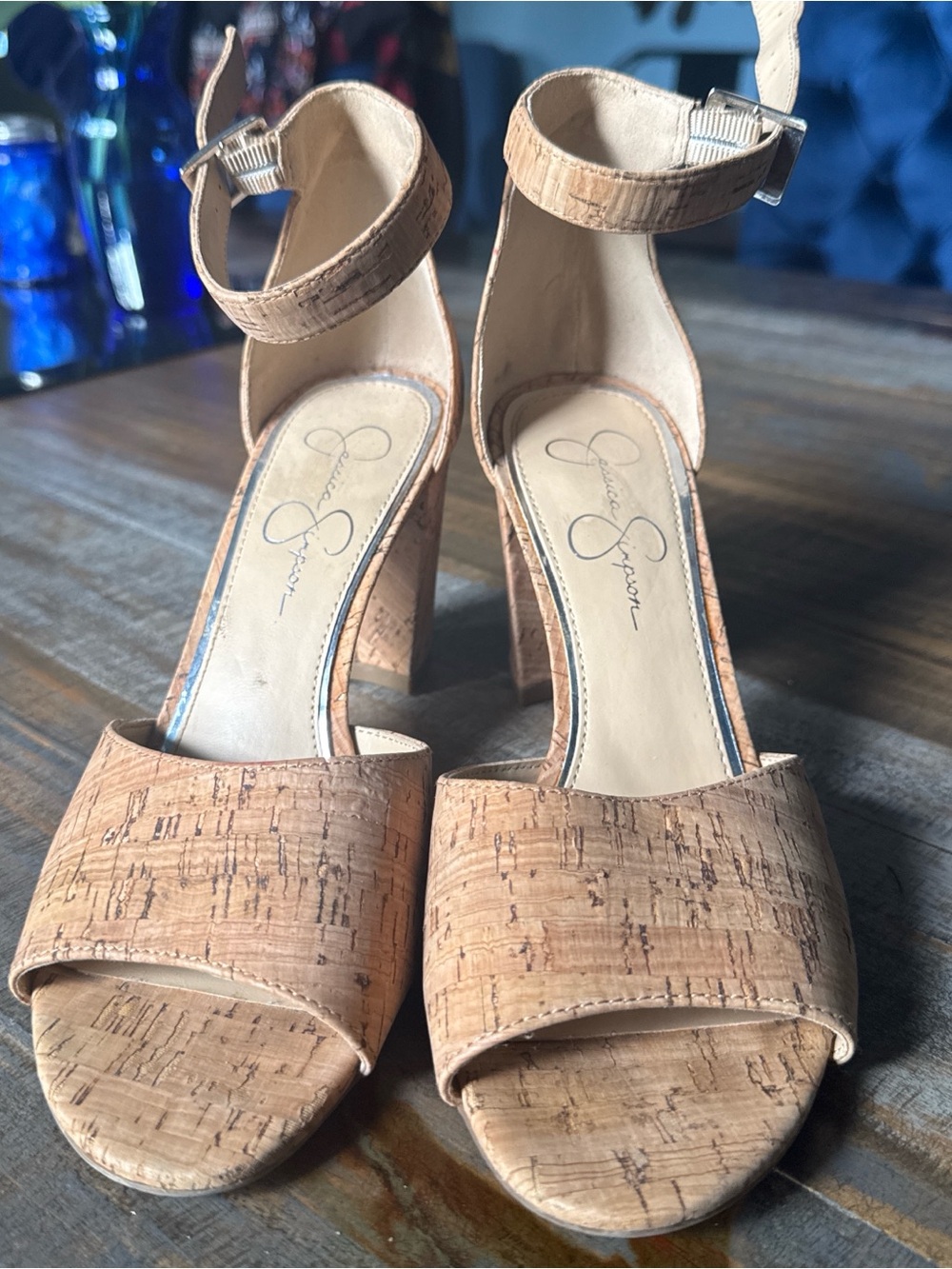 Jessica Simpson Cork Ankle-Strap Block Heels in Tan